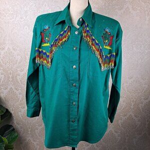 KZK Size Medium Green Rodeo Style Button Down Shirt Embroidery Beaded Vintage